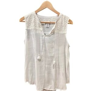 Liz Claiborne White Sleeveless Lace Yoke Tassel Blouse M
